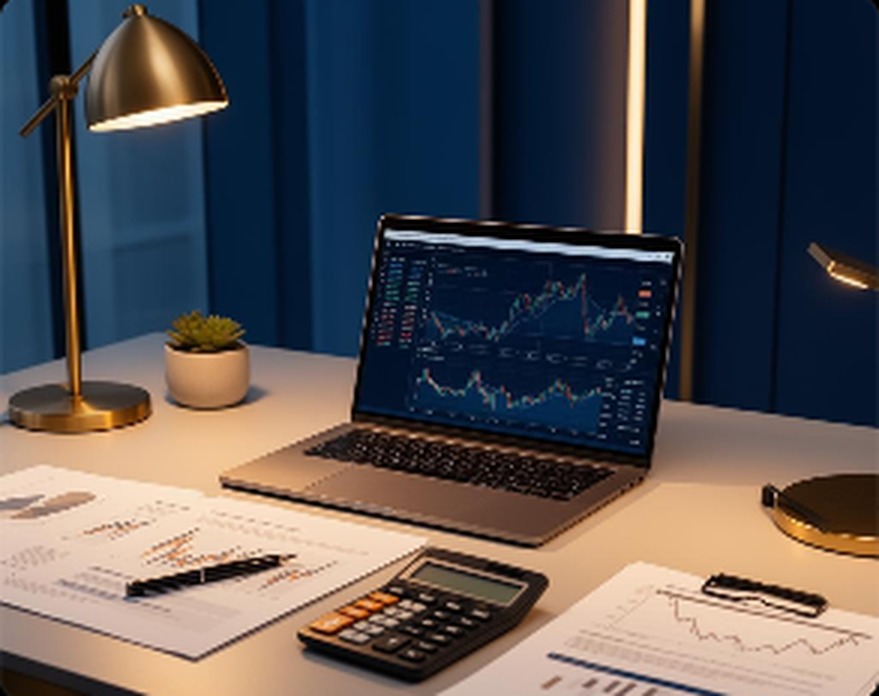 Research desk with laptop and market charts